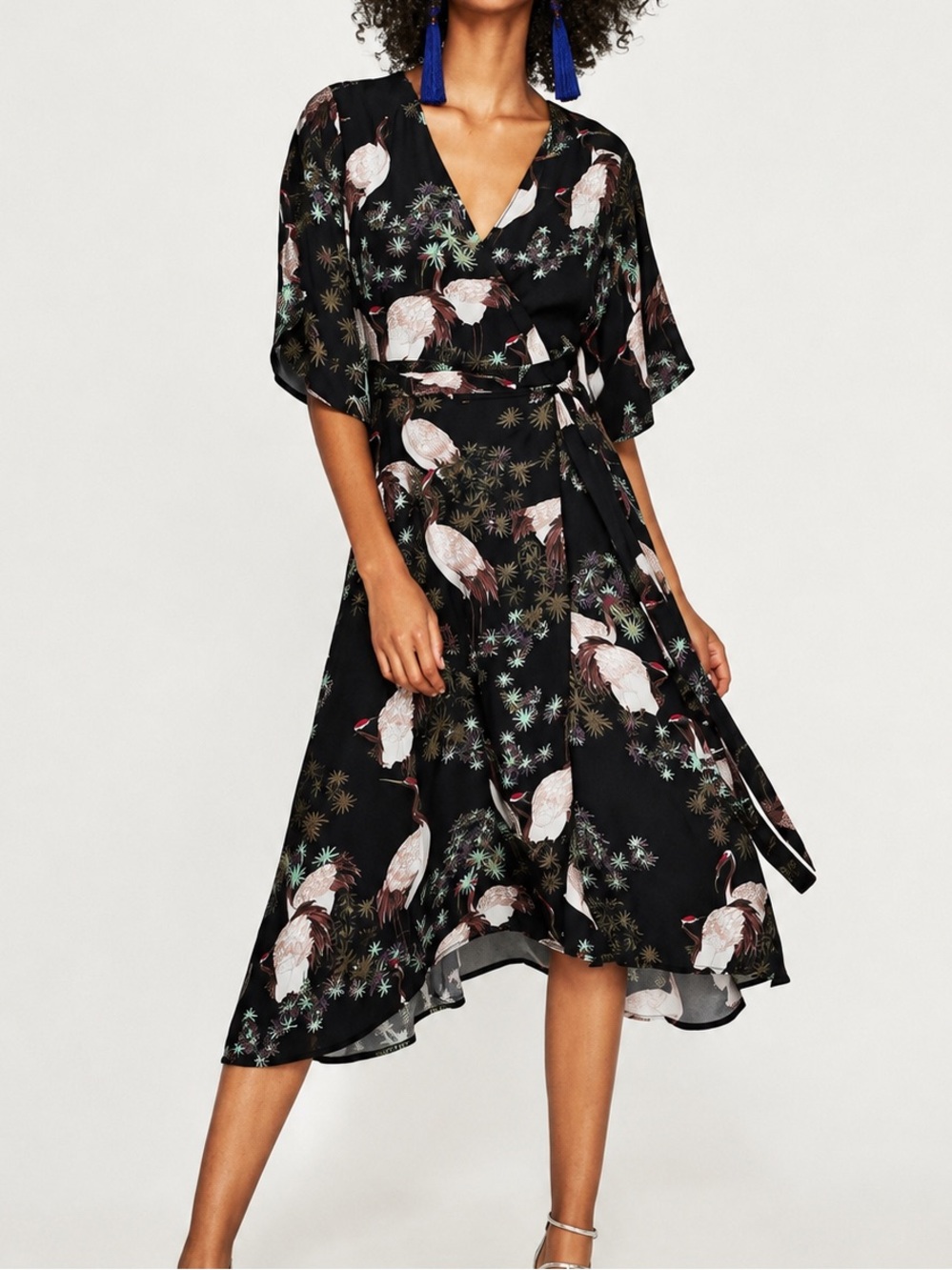 ZARA Floral Crane Print Wrap Midi Dress Size S NWT Black 100% Viscose